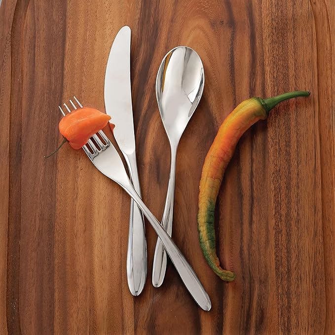 Nambé Bend 45-Piece Flatware Collection – Excellent Forged Stainless Steel Utensils with Graceful Curved Handles, Service for 8 with Hostess Set – Contemporary Tableware for Dining & Events