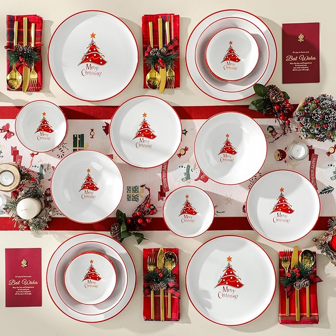 MALACASA Plates and Bowls Sets, 24 Pieces Christmas Porcelain Dinnerware Set for 6, Ceramic Dishware Dishes Kitchen Dining Ware Set, Microwave and Dishwasher Safe, Series LUNA-Christmas Tree