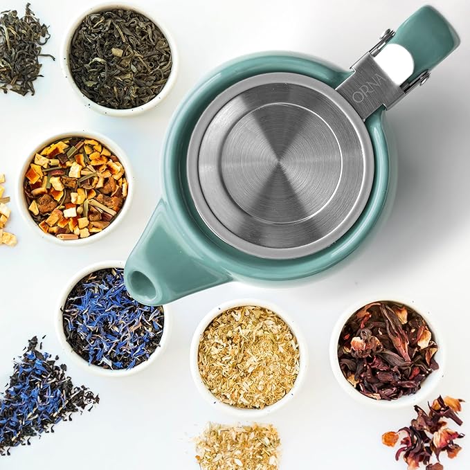 ORNA Ceramic Teapot with Tea Infuser – Small Tea Pot for Loose Leaf Tea – 550ml / 18.6 Oz Non-Stove Porcelain Teapot for 2 Cups with Tea Strainer (Turquoise)