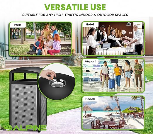 Alpine 40-Gallon Outdoor Commercial Trash Can with Ashtray & Locking Lid – Heavy-Duty Cigarette Disposal Bin with Removable Liner for Parks, Hotels & High-Traffic Outdoor Areas - Black & Grey