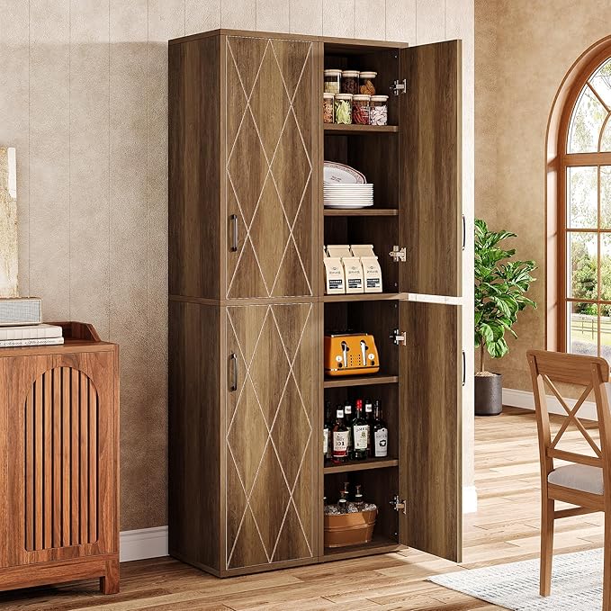Tribesigns 75" Tall Narrow Storage Cabinet Set of 2, Modern Farmhouse Pantry Cabinet with Doors and 6 Shelves, Skinny Freestanding Utility Cabinet for Kitchen, Bathroom, Laudry, Living Room, Brown