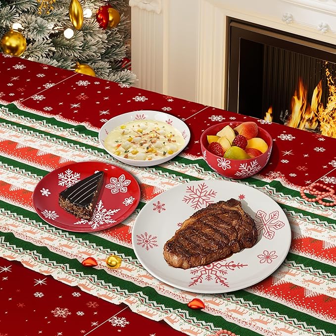 Plates and Bowls, 16 Pcs Christmas Porcelain Dishes Set, Xmas White&Red Snowflake Holiday Dinnerware Sets, Service for 4 for Winter Party Supplies, Microwave and Dishwasher Safe