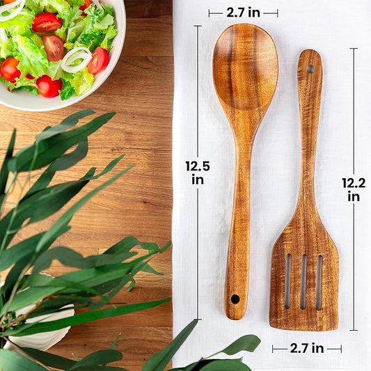 Zulay Kitchen Teak Wood Utensil Set – 2 Piece Large Wooden Cooking Spoon and Slotted Turner, Handcrafted Natural Teak Wood Kitchen Utensils, Durable, Nonstick Safe & Smooth Finish