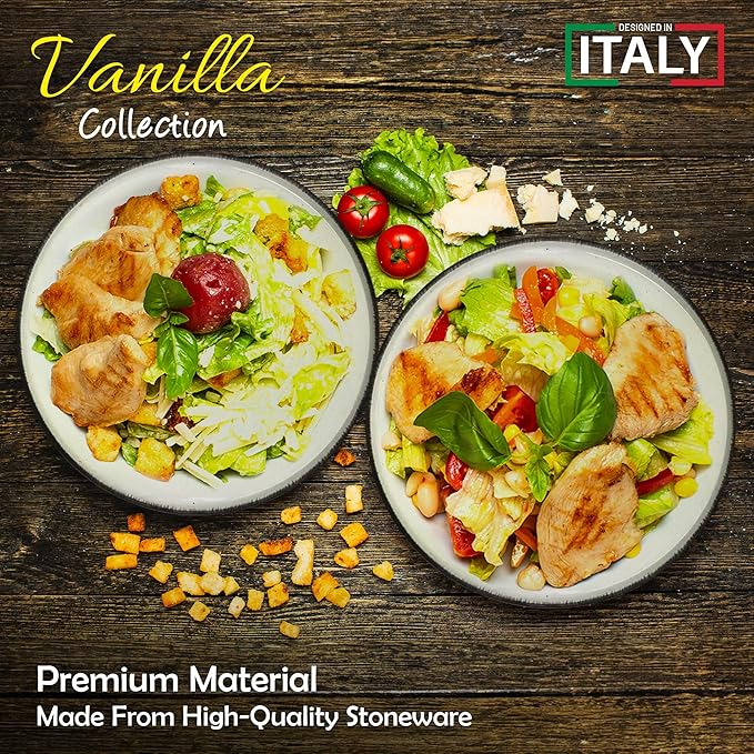 Gusto Buono 16-Piece Nordic Stoneware Dinnerware Set – Green Pistachio w/Antique Border | 4 Each of Bowls (5.5"), Salad Plates (7.5"), Dinner Plates (10.5"), and Mugs (12oz)|For All Occasions