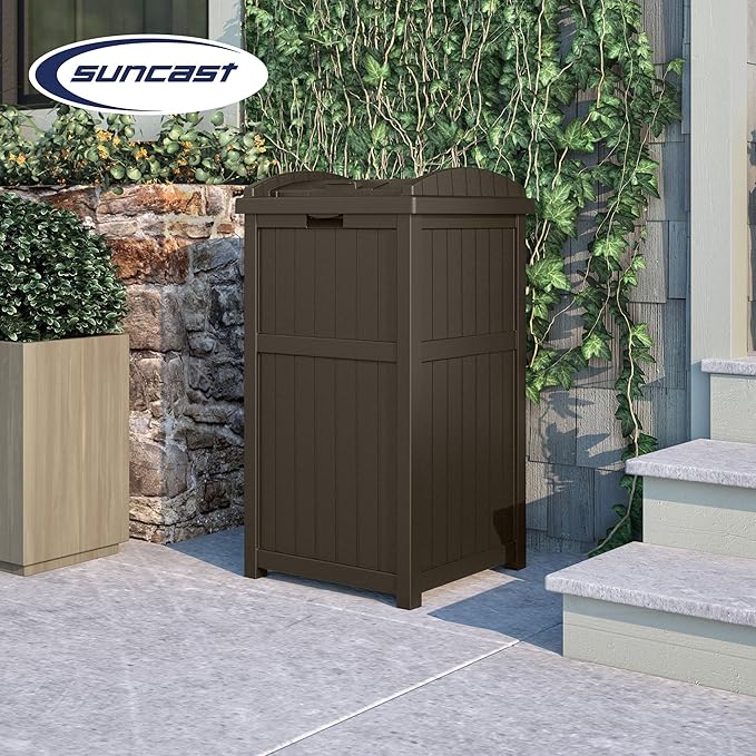 Suncast 3 Pack 33 Gallon Durable Plastic Hideaway Outdoor Garbage Can with Secure Lid & Wicker Design for Home Backyards, Decks, or Patios, Java Brown