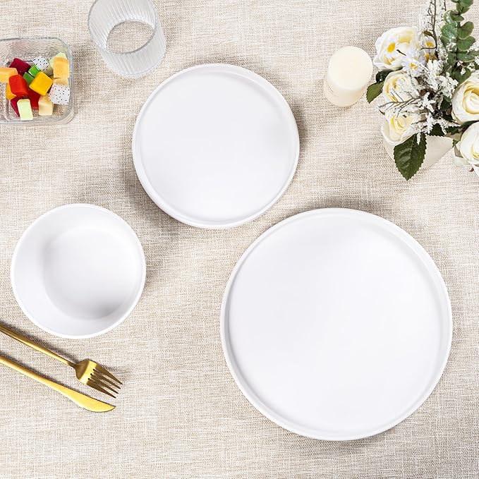 Dinnerware Sets for 4 - CJDC-QUELO 12-Piece Stoneware Plates and Bowls Sets, Ceramic Dishware Sets for Kitchen Use and Formal Dining, Chip and Scratch Resistant Microwave Dishwasher Safe, White