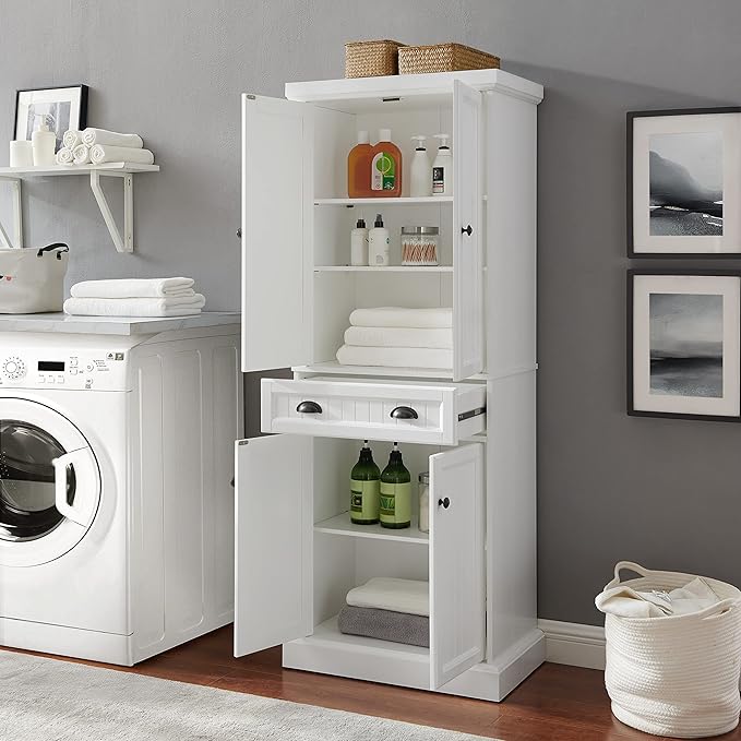Crosley Furniture Shoreline Coastal Pantry Storage Cabinet with Shelves, Kitchen, Dining, or Laundry Room, White