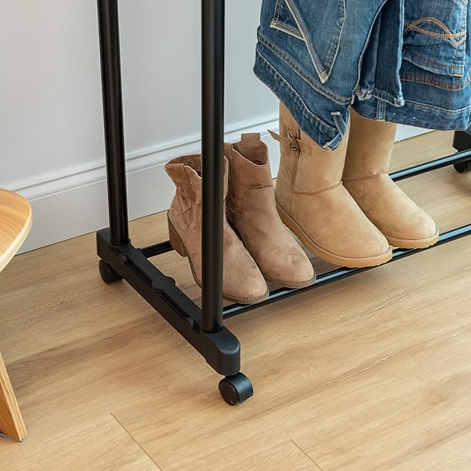 IRIS USA Clothes Rack, Portable Double-Rod Height Adjustable with Lockable Wheels, Rolling Garment Rack, Double Rod Wardrobe Rack, Easy Assemble, for Clothes, Belts, Shoes, and Bags