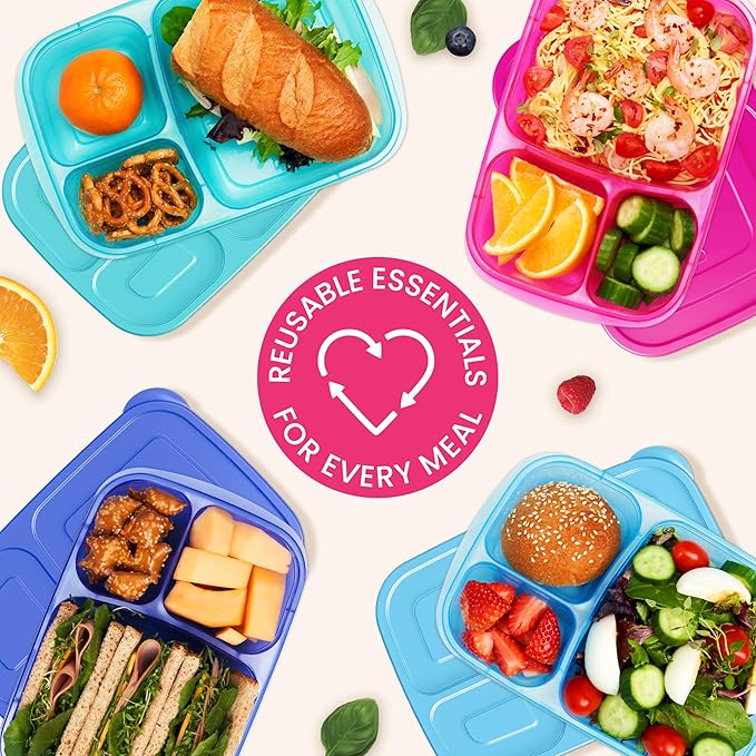 Bentgo Easyboxes - Original Stackable Lunch Boxes - Reusable 3-Compartment Food Containers for Kids and Adults - Bento Lunch Box for Meal Prep, School, & Work - BPA Free, Set of 10 (Jewel Brights)