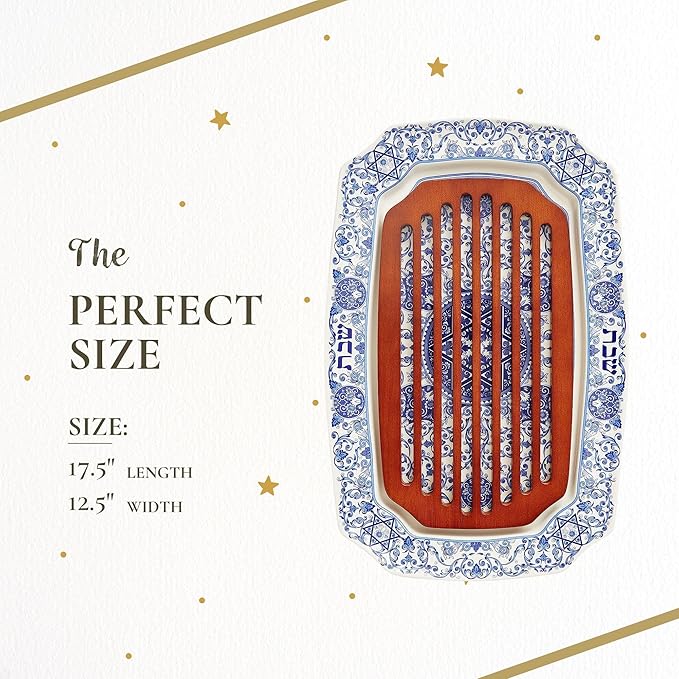 Spode Judaica Collection Challah Tray with Wood Insert - 17.5 Inch Blue & White Porcelain Shabbat Serving Piece, Traditional Judaic Tile Design, Removable Cutting Board Frame