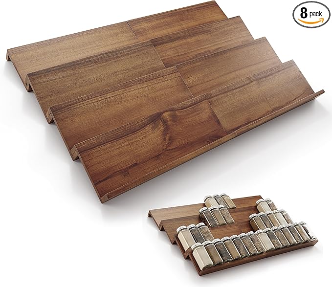 Tinamo Acacia Wooden Spice Rack Organizer for Cabinet - Spice Drawer Insert, Spice Organization for Cabinet, Seasoning Organizer, Spice Holder Pack of 8 (Walnut pack 8)