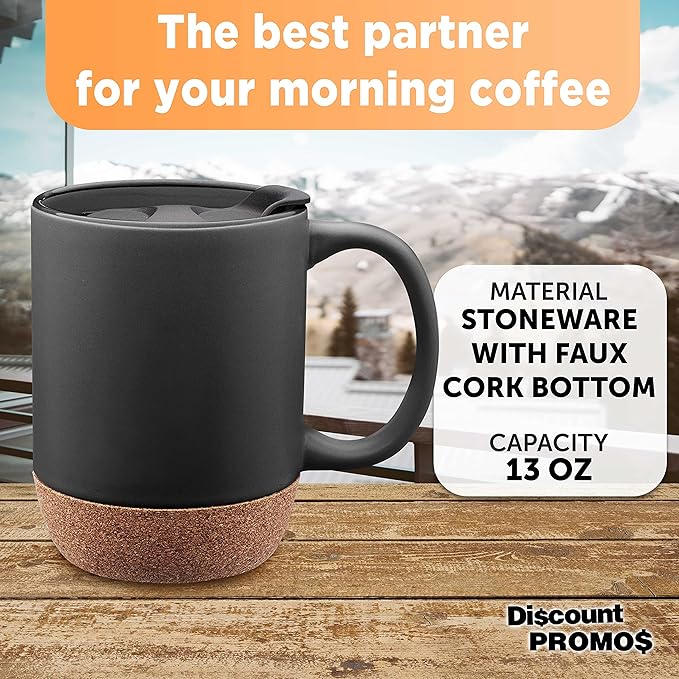 DISCOUNT PROMOS Barista Ceramic Mugs with Cork Bottom 13 oz. Set of 12, Bulk Pack - Perfect for Coffee, Tea, Espresso, Hot Cocoa, Other Beverages - Black
