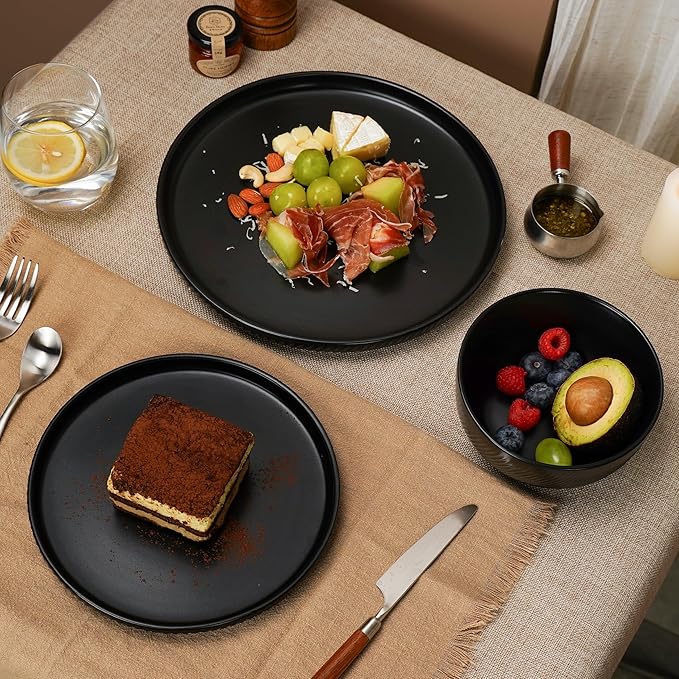 Matte Black Plates and Bowls Set 12pcs, Stoneware Dinnerware Sets for 4, Dishwasher and Microwave Safe Ceramic Dishes Set, Ribbed, Obsidian Night