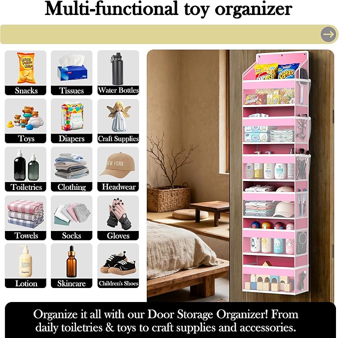 PAULONE 1 Pack Heavy Duty Over the Door Organizer, 6 Large + 12 Mesh Pockets with 79 lbs Capacity, Space-Saving Hanging Storage for Shoes, Toys, Bedroom & Closet-Pink
