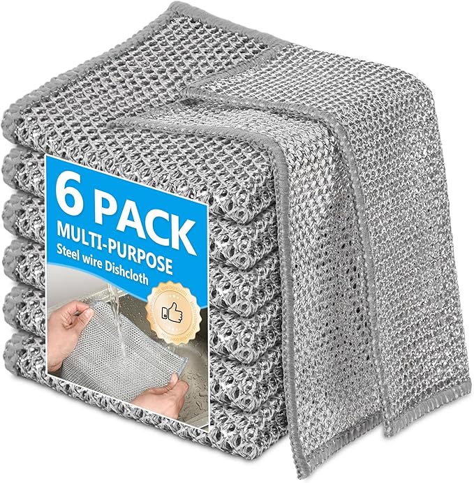 6Pack Multipurpose Wire Dishwashing Rags, Upgrade Non Scratch Wire Dishcloth, for Wet and Dry Use, Reusable Metal Microfiber Cleaning Cloths for Home/Kitchen/Stove