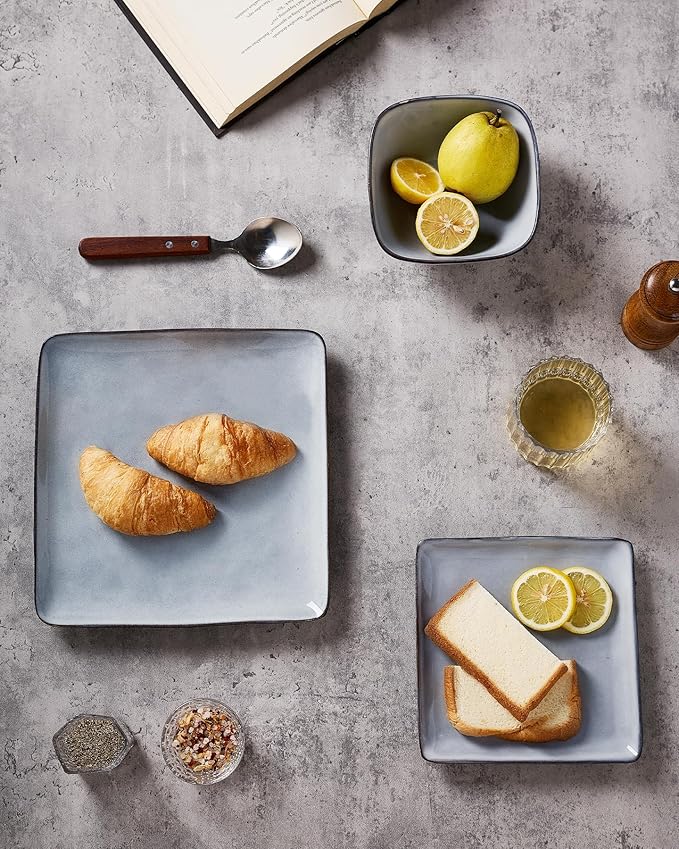 Famiware Ocean Square Plates and Bowls Set, 18 Pieces Dinnerware Sets, Dishes Set for 6, Reactive Glaze, Microwave and Dishwasher Safe, Scratch Resistant, Grey
