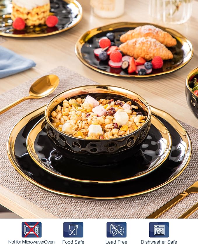 LOVECASA 12 Pieces Plates and Bowls Sets, Porcelain Black and Gold Dinnerware Sets, Round Dinner Plates Dishes Set Service for 4, Dishwasher Safe and Scratch Resistant, Black
