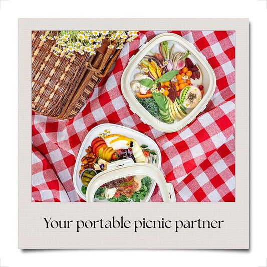 Crudités | Portable Snack Tray | Square 4-Pack | Cream White | Reversible Stretch Lid Food Containers | BPA-Free, Freezer & Dishwasher Safe | Meal-Prep, Charcuterie, Salads, Picnic, Travel
