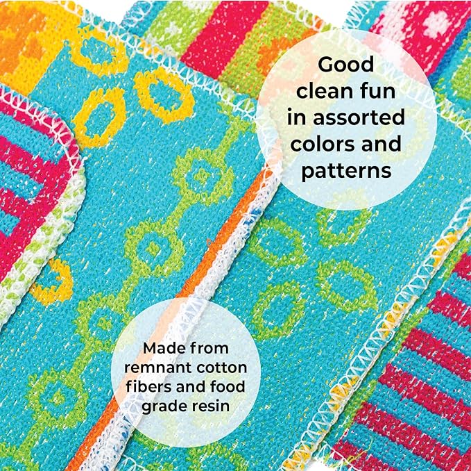 Skoy Scrub, 4-Pack Reusable, Non-Scratching Dish Scrubber for Kitchen and Household Cleaning, Planet-Friendly, Dishwasher Safe Soft Scrub, Assorted Colors and Designs