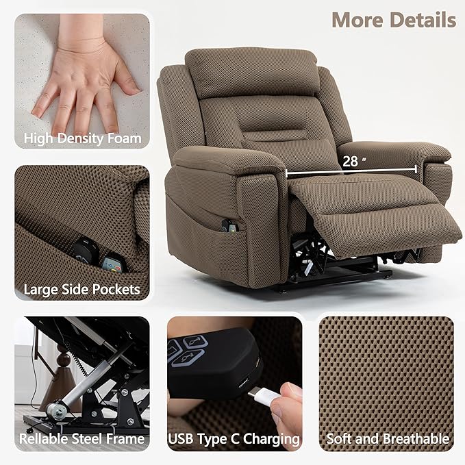 28in Extra Wide Big Man 400lbs Power Lift Recliner Chair for Senior Elderly Adults Lay Flat Lift Recliner with Heat & Massage, Wireless Charging, USB Ports, Cup Holder, Lumbar Pillow