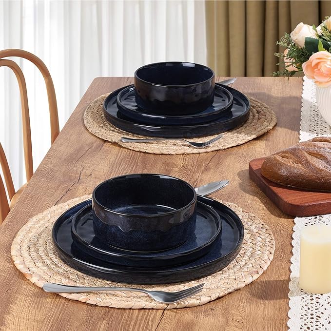 LIANYU Plates and Bowls Sets for 2, 6 Piece Dish Dinnerware Sets, Stoneware Kitchen Dinner Dishware, Microwave & Dishwasher Safe, Cetacean Blue