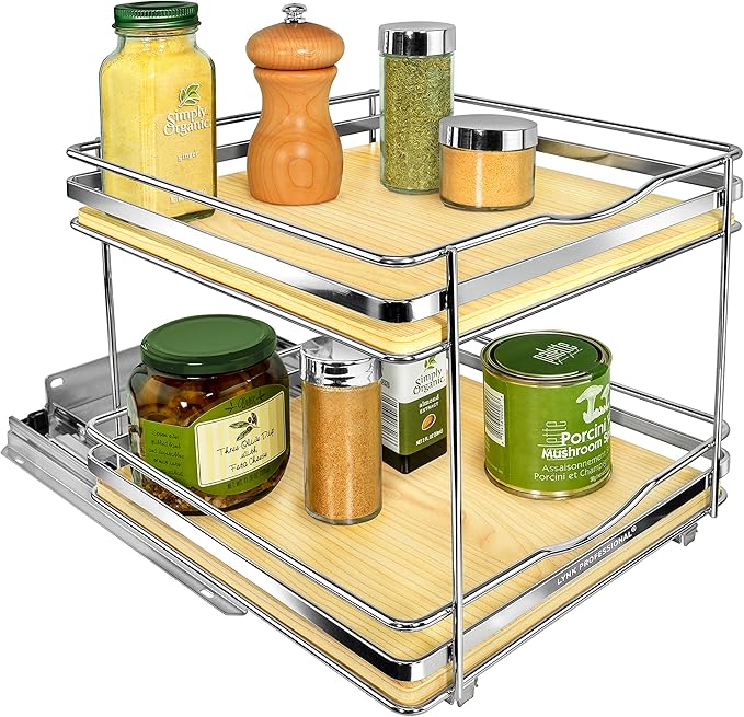 LYNK PROFESSIONAL® Élite™ Pull Out Spice Rack Organizer for Inside Kitchen Cabinets - 10-3/8 inch Wide - Slide Out Drawer – Wood/Chrome Sliding Spice Cabinet Organization Shelf Racks - 2 Tier