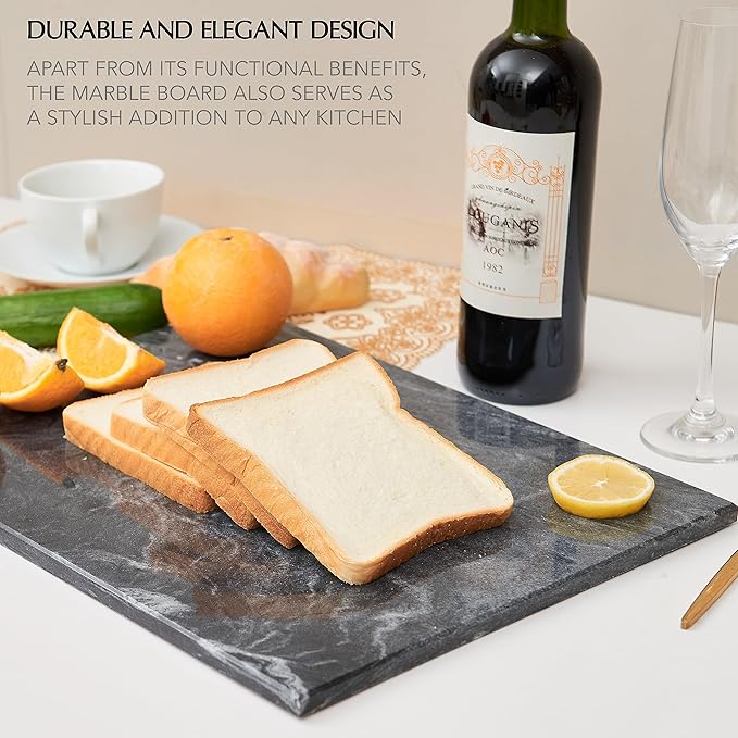 Kitchen Marble Stone Cutting Board - Marble Cutting & Charcuterie Board of 16 x 12 x 0.6 Inches, Non Slip Scratch Resistant Pastry Tray, Rectangular Serving & Chopping Slab for Countertop - Black