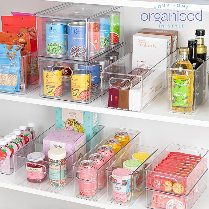 primebox Plastic Clear Stackable Storage Bins with Lids. Great for Pantry or Kitchen Organization. Fridge Organization Containers. Cabinet, Bathroom Organizer. 4 Pack