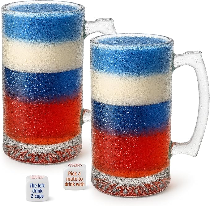 4 Piece Set Large Glass Beer Mugs Freezer Safe, 2 Pack Heavy Beer Steins with Handle, 16 oz (2 Drinking Dice + 2 Beer Mugs Set)