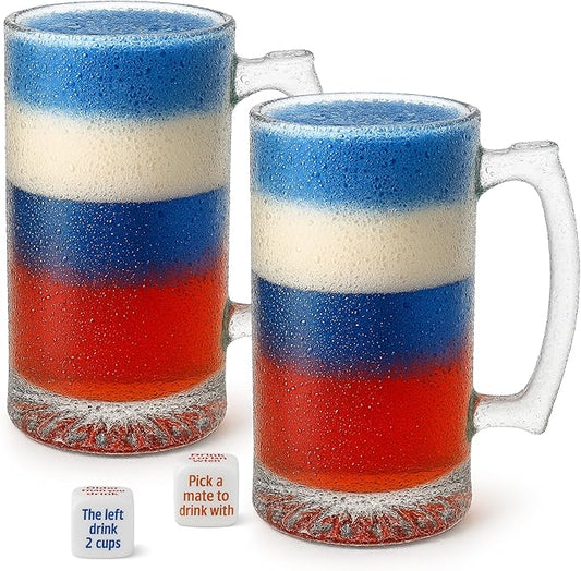 4 Piece Set Large Glass Beer Mugs Freezer Safe, 2 Pack Heavy Beer Steins with Handle, 16 oz (2 Drinking Dice + 2 Beer Mugs Set)