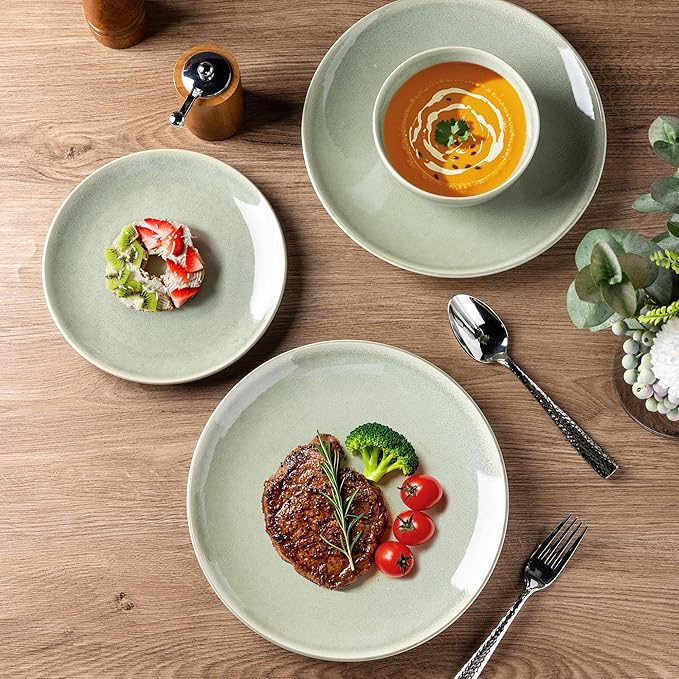 AmorArc Ceramic Dinnerware Sets for 8, 24 Pieces Handpainted Plates and Bowls Set, Scratch Resistant Stoneware Dishes Set, Dishwasher & Microwave Safe, Olive Green