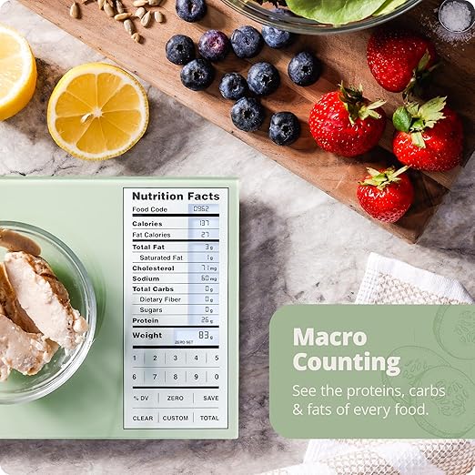Greater Goods Digital Nutrition Scale – Accurate Macro and Calorie Tracking for Meal Prep, Weight Loss, and Healthy Eating | 2,000 Built-in Foods, Intuitive Nutrition Label Display, 11lb Cap, Green