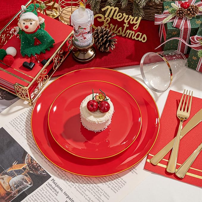 NOCCUR 350PCS Red Plastic Plates - Disposable Red Gold Dinnerware Set for 50 Guests, 100 Dinner/Dessert Plates, 150 Gold Silverware, 50 Cups&50 Napkins for Party/Wedding/Birthday/Christmas