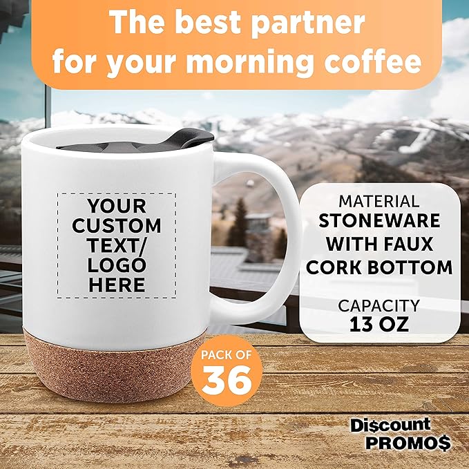Custom Barista Ceramic Mugs with Cork Bottom 13 oz. Set of 36, Personalized Bulk Pack - Perfect for Coffee, Tea, Espresso, Hot Cocoa, Other Beverages - White