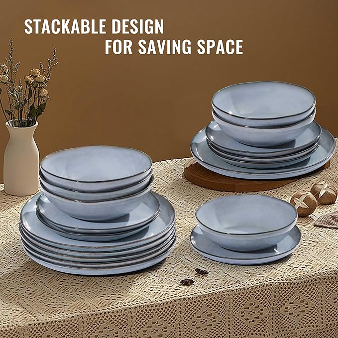 Herogo Plates and Bowls Dinnerware Sets, 12 Piece Stoneware Dinner Dishes Set for 4, Irregular Handmade Dishware Tableware, Crack and Scratch Resistant, Reactive Glaze, Smoky Blue
