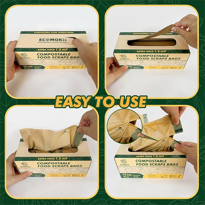 EcoMokii 13 Gallon Compostable Trash Bags with Drawstring, 30 Count, 49.2 Liter, 1.2 Mil Heavy Duty Extra Thick Large Kitchen Garbage Bin Liners, Compost Food Scraps Bag, BPI (ASTM D6400)