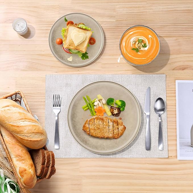 Herogo Stoneware Plates and Bowls Sets for 4, 12 Pieces Modern Dinnerware, Reactive Glaze Dishes Set for Kitchen, Chip Resistant, Microwave & Dishwasher Safe, Cream Khaki