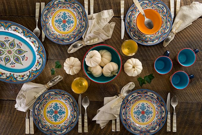 Euro Ceramica Zanzibar Collection 16 Piece Dinnerware Set Kitchen and Dining, Service for 4, Spanish Floral Design, Multicolor, Blue and Yellow