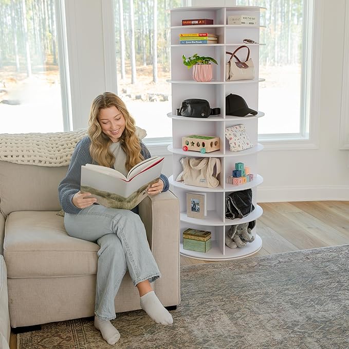 Rotating Shoe Rack Tower 360-32 Pair, 8 tiers, Reachable Spinning Shoe Rack Tower. Rotating Storage Tower, Bookshelf, handbag holder (8 Tier Standard Size) 5ft, 3in.