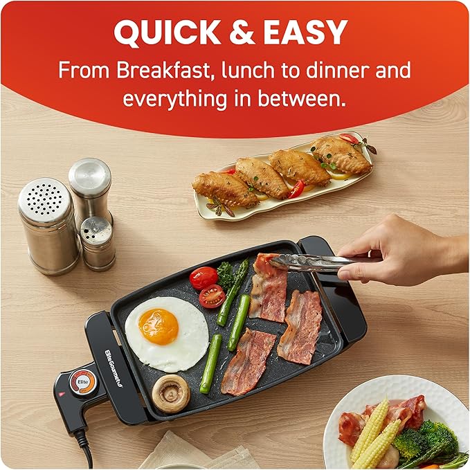 Elite Gourmet EGR8152 Electric 9.75" x 7" Personal Compact Griddle, Cool-touch Handles Non-Stick Surface, Removable/Adjustable Thermostat, Black