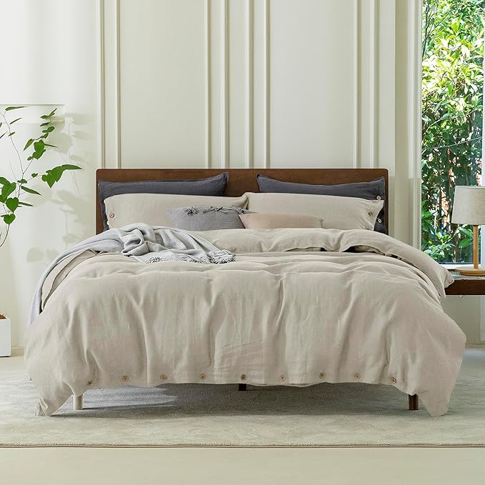 EVERLY 100% Pure Linen Duvet Cover Set Oversized King120X98Inch 3pcs (1 Duvet Cover,2 Pillowcases) Soft and Breathable for All Season with Coconut Button Closure, Suitable for Hot Sleepers-Linen