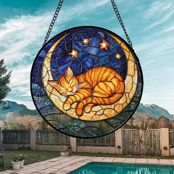 Stained Glass Window Hanging - Orange Moon Sleeping Cat Sun Catcher for Door Home Decor Blue Starry Sky Suncatcher Christmas Mother's Day Birthday Gifts for Women Men Mom Nana 11.8 in