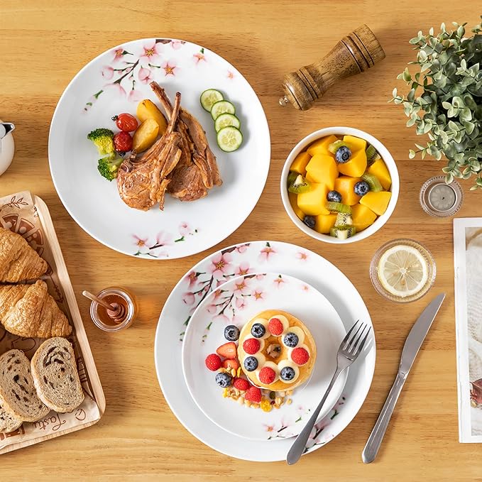 VEWEET Porcelain Dinnerware Sets for 4, 12 Pieces Plates and Bowls Set with Pink Floral, Kitchen Dishes Set Dining Ware for Family, Microwave and Dishwasher Safe, Series ANNIE