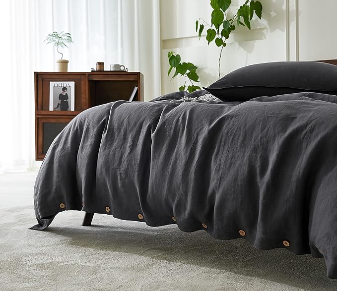 EVERLY 100% Pure Linen Duvet Cover Set Queen Size90X90Inch 3pcs (1 Duvet Cover,2 Pillowcases) Soft and Breathable for All Season with Coconut Button Closure, Suitable for Hot Sleepers-Dark Grey-Queen