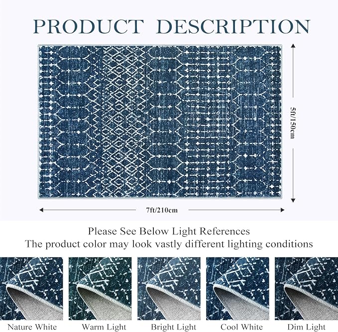 Lahome Moroccan Blue Area Rug 5x7 - Machine Washable Non-Slip Throw Living Room Rugs Ultra-Thin Stain Resistant Soft Rug for Bedroom, Geometric Print Modren Carpet Rug for Dining Room Office Entryway