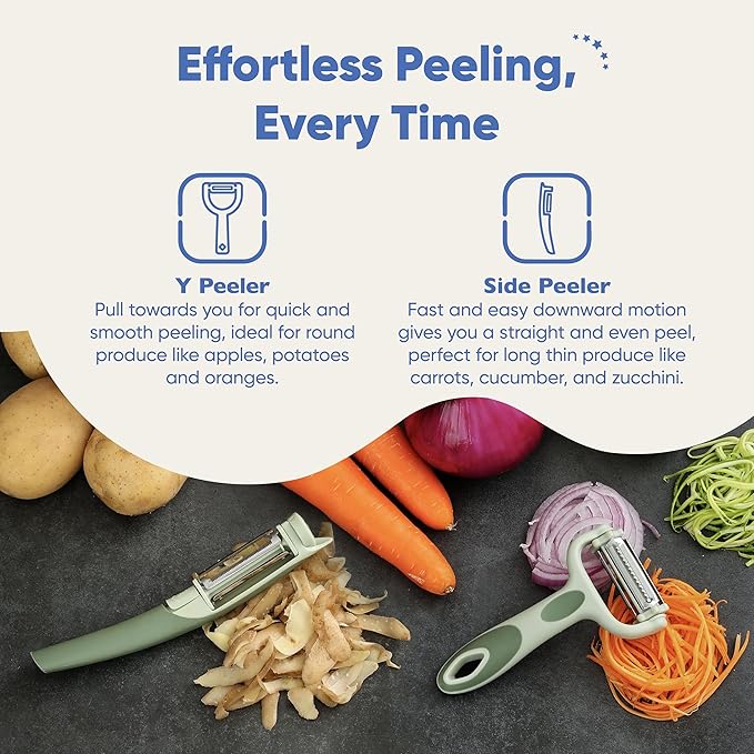 Chef’s Path Tri-Blade Peeler Set – Stainless Steel Blade Y Peeler & Side Peelers for Kitchen Set of 2 with Standard Peeler, Serrated Peeler, Julienne Peeler Vegetable Peeler & Spot Remover
