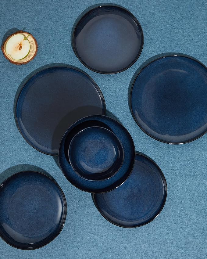 24 Piece Ceramic Dinnerware Sets for 8, Starry Blue Reactive Glaze | Unique Coastal Edge for Holiday Gatherings, Thanksgiving, Dinner Parties | Microwave & Dishwasher Safe Stoneware Dish Set