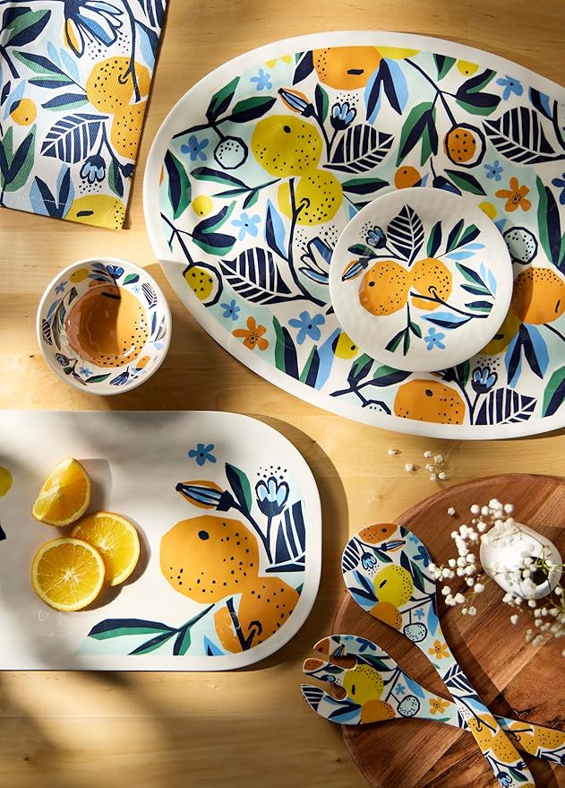 Demdaco Serving or Cooking Salad Spoon Utensil Set, 3 x 11 Inch Melamine, Citrus Blooms - Pack of 2