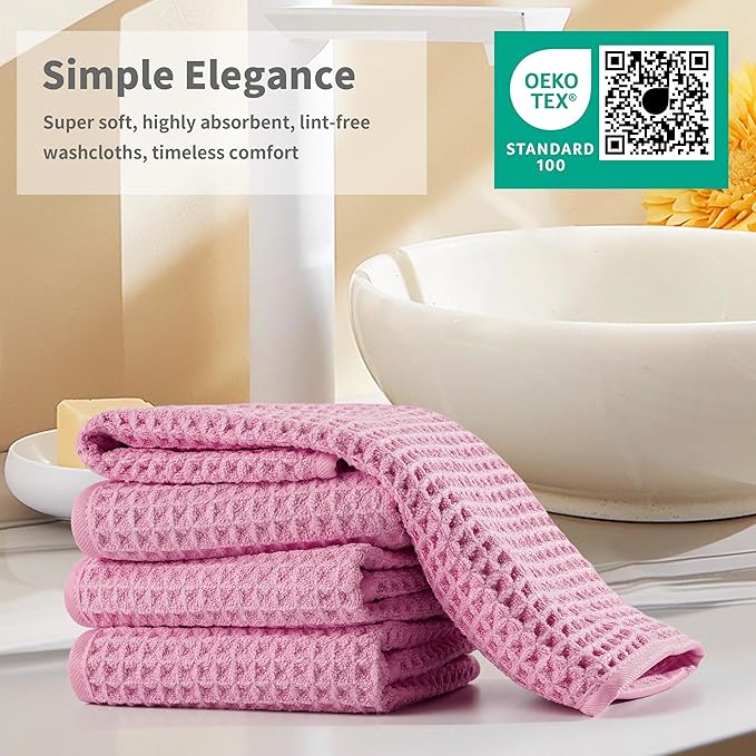 Microfiber Waffle Face Towels, 4 Pieces, Soft, Absorbent, Fast Drying, Lint Free (Pink)