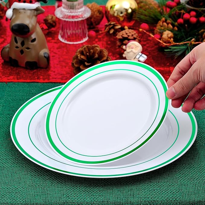 300PCS Christmas Plates Disposable, Green Plastic Dinnerware Set for 50 Guests, Green Christmas Party Plates-50 Dinner Platos,50 Dessert Platos,50 Silverware Set,50 Cups